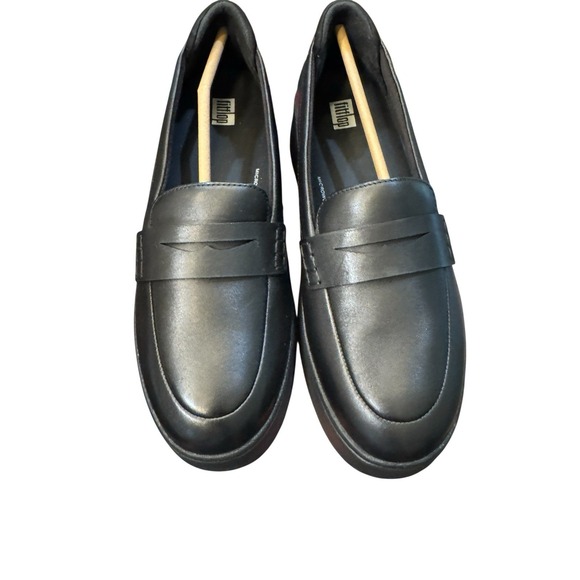 FitFlop Womens F-Mode Flatform Penny Loafers US Size 8.5 Black Leather NIB - Picture 1 of 9
